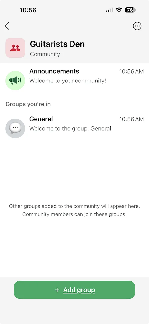 Screenshot of a fresh WhatsApp Community on iOS