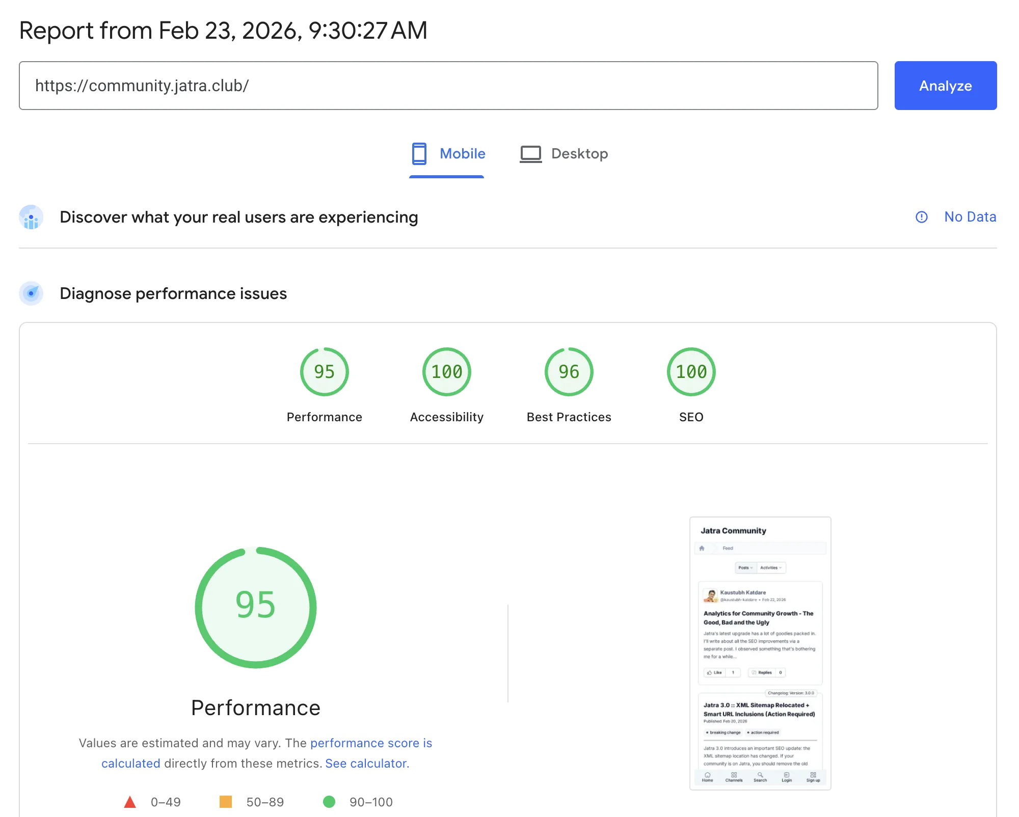 Screenshot of Jatra's Homepage Scoring 95 on Google PageSpeed Test