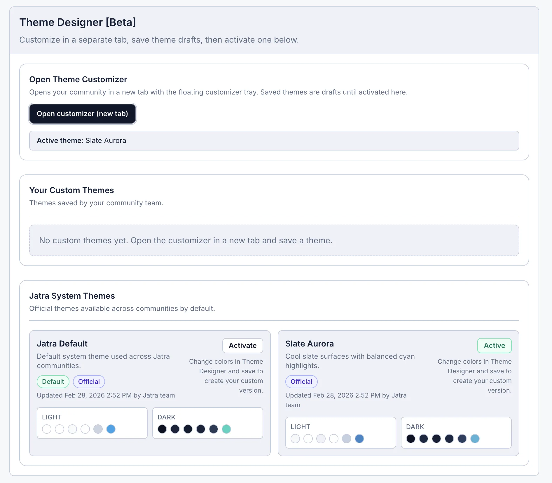Screenshot of Jatra's Admin Panel for UI Cusomization Options and Themes