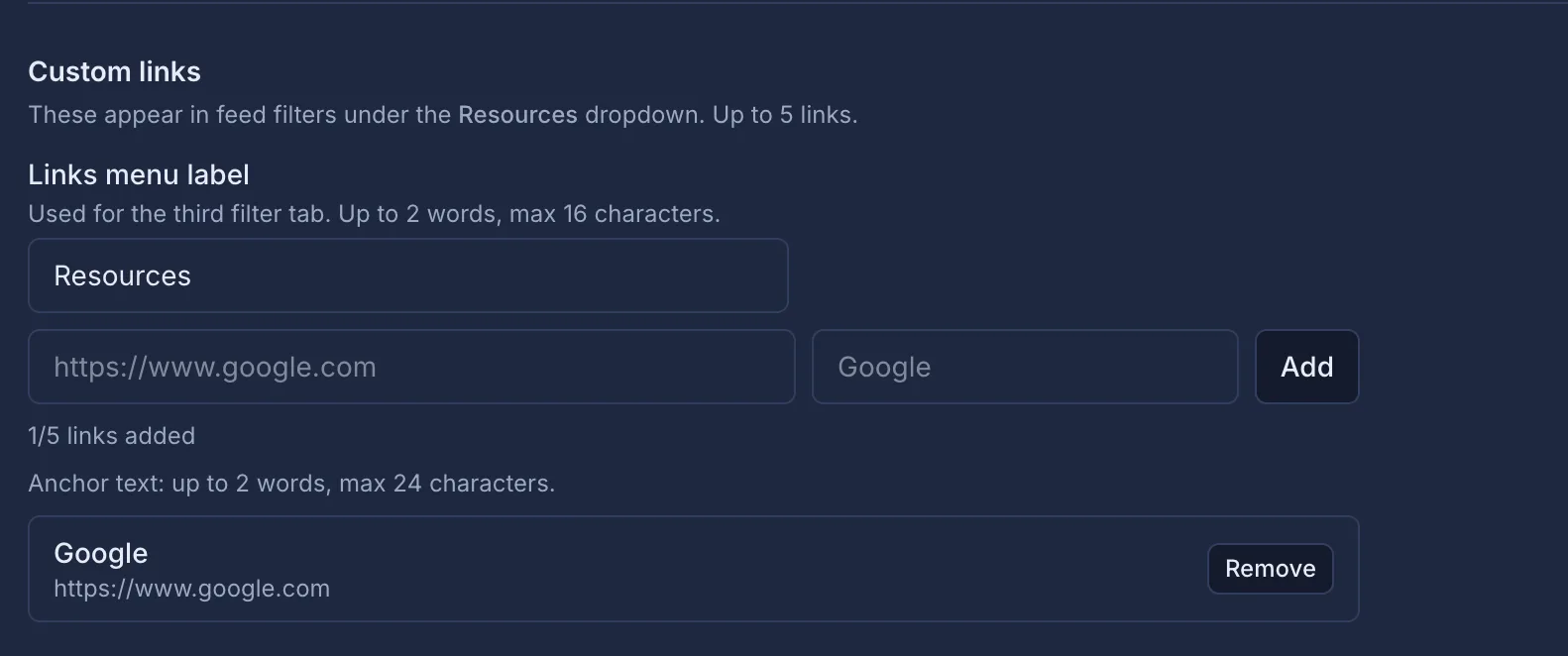 Screenshot of Custom Links feature in Jatra