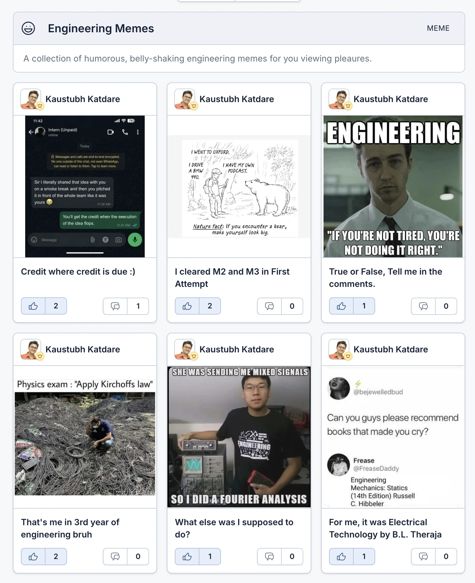 Screenshot of CrazyEngineers Meme Section: Engineering Memes