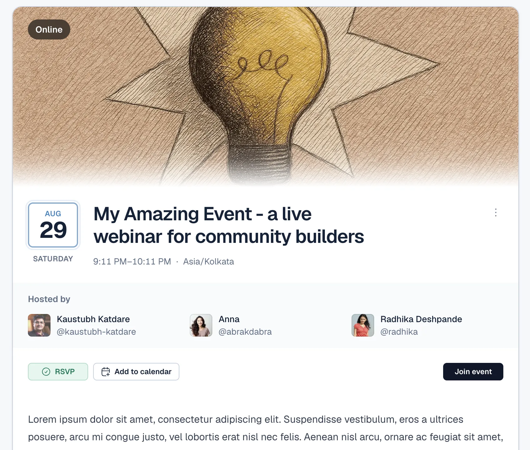 Screenshot showing Jatra's Event Show Page