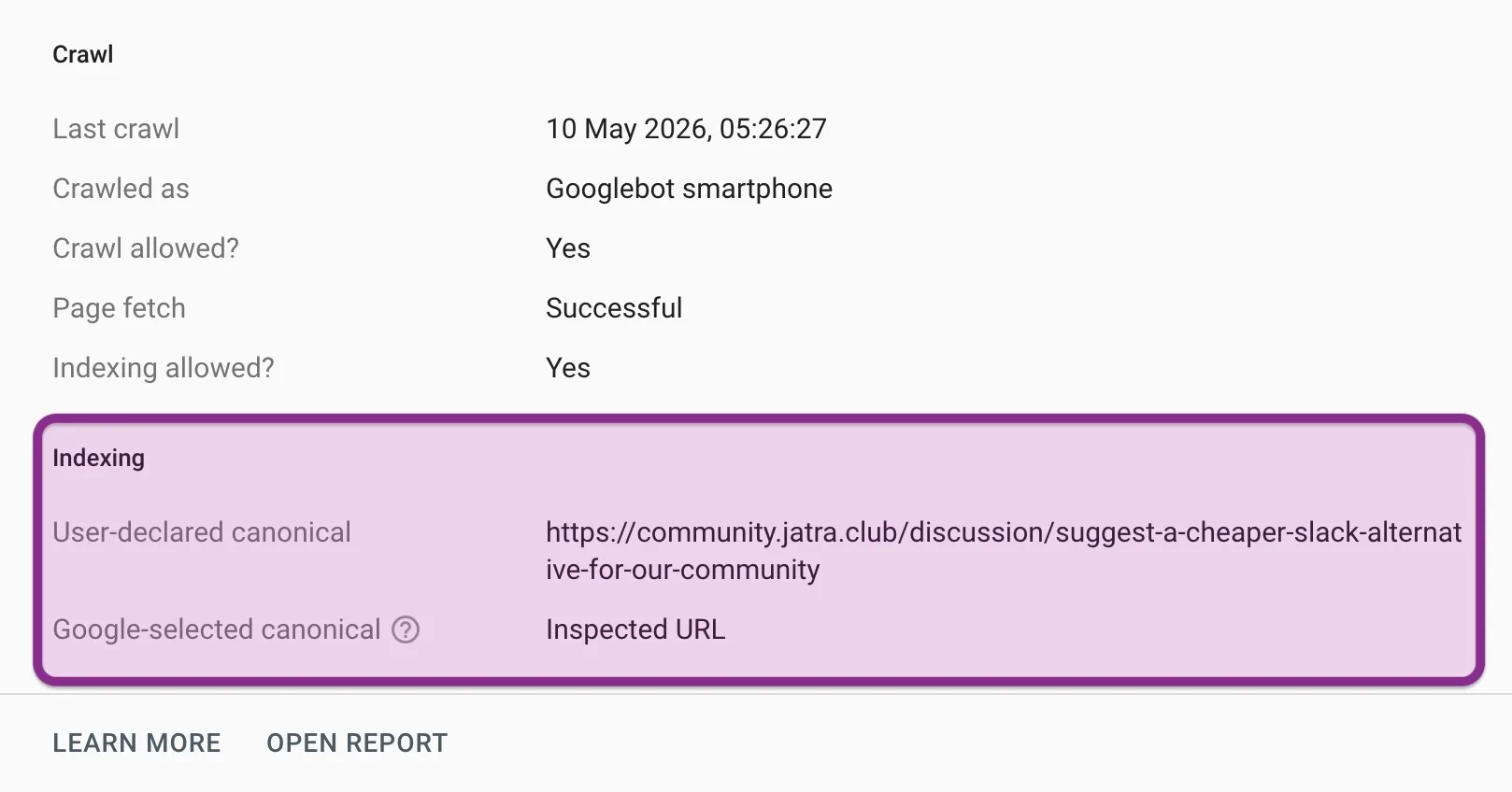 Screenshot of Google Search Console Showing User-declared canonical
